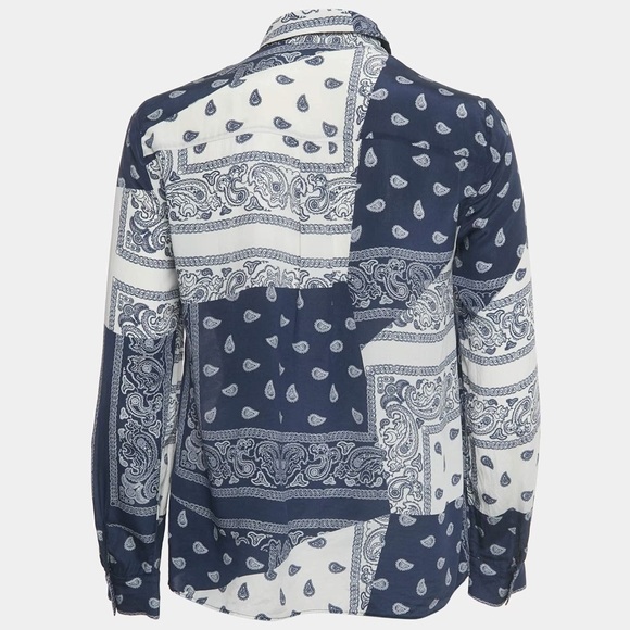 Alice + Olivia Willa Silk Placket Bandana Patchwork Shirt in Blue/White, Size XS - Picture 3 of 13